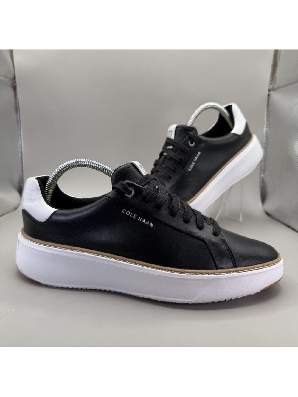 Cole Haan Black Leather Sneakers with White Heel and White Platform and Tan Trim
